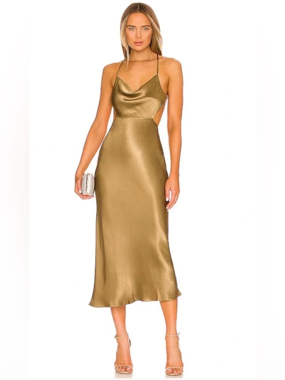 Shona Joy Thalia Bias Cut Out Gold Satin Cowl Neck Midi Slip Dress